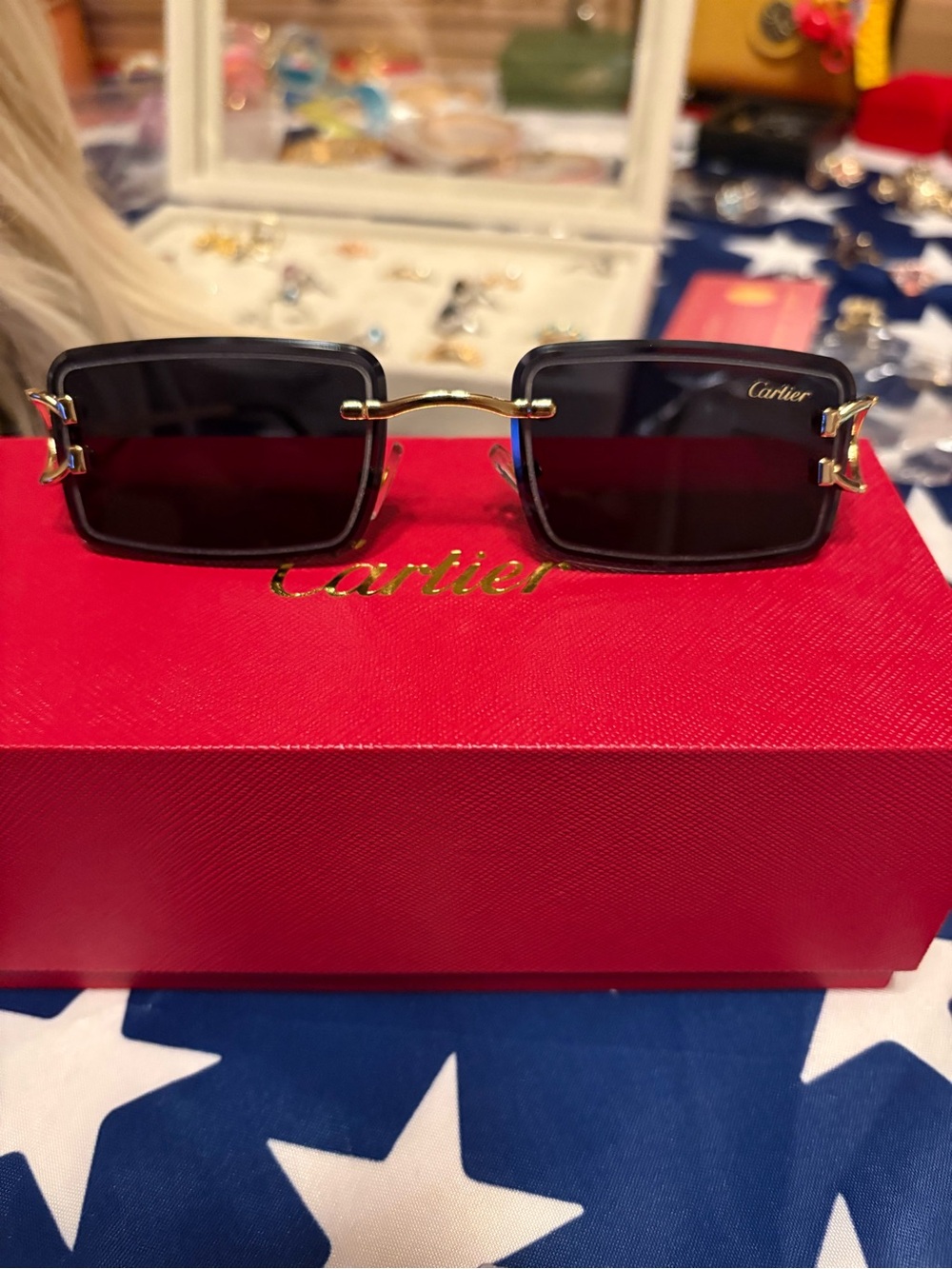 Gold-Tone Wire Rimless Sunglasses Case Set included.